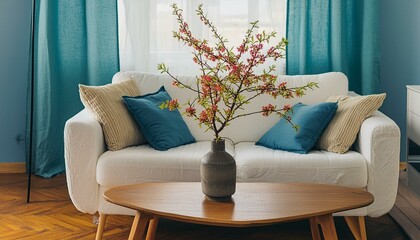 vase with blossom twig on wooden coffee table near white sofa with pillows against window. minimalist scandinavian home interior design of modern living room