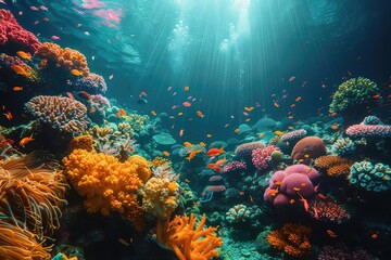 Obraz premium A beautiful and vibrant coral reef with a variety of fish swimming around. The water is crystal clear and the sun is shining down, creating a beautiful scene.
