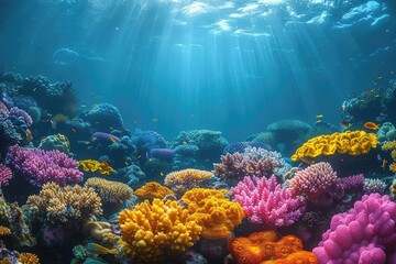 Fototapeta premium A beautiful and vibrant coral reef with a variety of colors and fish. The water is crystal clear and the sun is shining brightly, creating a stunning scene.