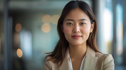 An Asian individual exuding confidence and sophistication in business casual attire