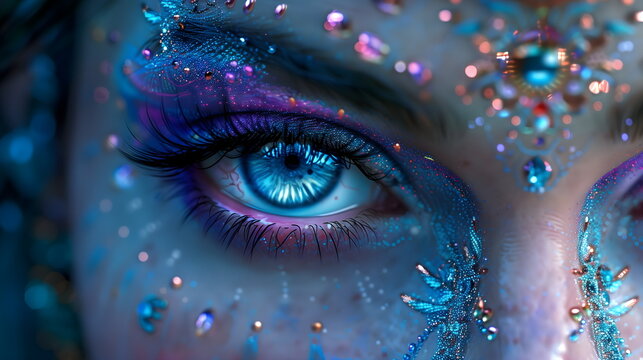 Close-up of a girl's look with dark blue Mahakali makeup. Face of Goddess Kali Maa Eyes of Goddess Durga