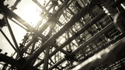 Sun flare through metal scaffolding, intricate patterns, high contrast black and white