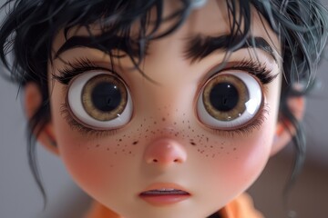 A close-up 3D render of a cartoon character with expressive eyes, realistic hair texture.