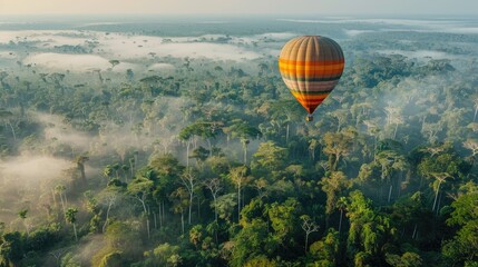 Fototapeta premium Hot air balloon floating over amazon forest with copy space area.