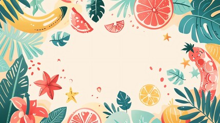 Craft a banner filled with retro summerthemed decorations spanning its length Incorporate a central blank area for customizable messaging Emphasize a nostalgic and sophisticated de