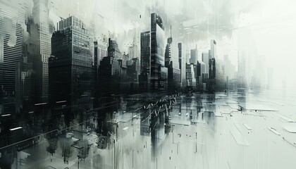 Capture Side view of Financial Trends in a grayscale oil painting, depicting towering skyscrapers morphing into stock market line graphs, a surreal blend of wealth and economy