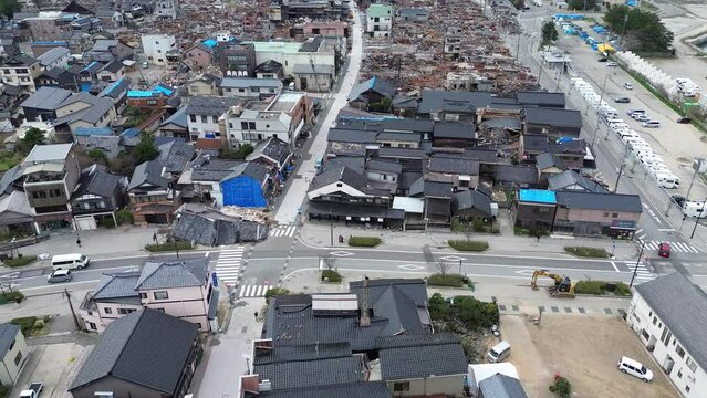 Aerial view of a town destroyed by fire caused by an earthquake that occurred on the Noto Peninsula, Ishikawa Prefecture, Japan on January 1, 2024 part11