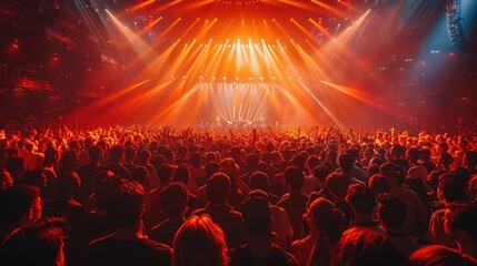 A large crowd of people are enjoying a live music concert at a large indoor arena