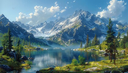 Fototapeta premium Capture the serenity of a wilderness camping scene in a Realism oil painting, with an eye-level angle showcasing intricate details of nature