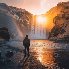 Cinematic photo of a man standing in front of a rainbow waterfall in the highland mountains, with the sun shining from the top of the mountain a la landscape