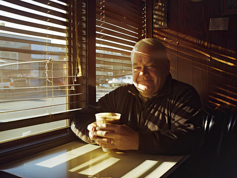 Mature man enjoys a coffee break at a diner or cafe at lunch, perhaps alone or with work mates. - Powered by Adobe