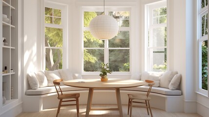 A bright and airy breakfast nook with a built-in window seat, round table, and pendant lighting