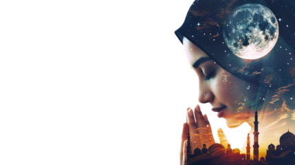 doubel exposure an arabic woman pray and mosque moon night with copy space for text for ramadan banner isolated on transparent background