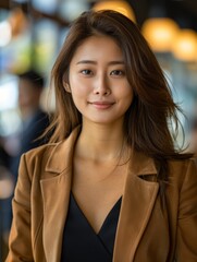 Obraz premium workplace joy with a radiant young businesswoman, a beautiful manager, glowing with positivity while creating in her modern office sanctuary. Generative AI.