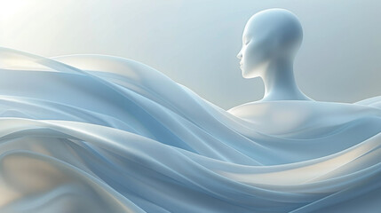 Ethereal blue mannequin enveloped in flowing fabric