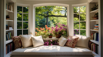A picturesque bay window with a built-in window seat, cushioned for comfort, surrounded by bookshelves, and overlooking a flowering garden, creating a perfect reading nook,