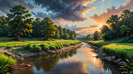Sundown Reflections Serene River Journey Through Green Canopies and Cloudy Skies