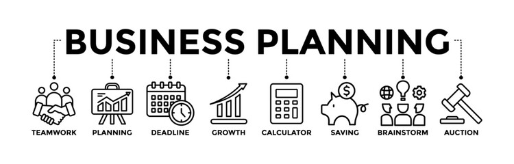 Business planning banner icons set with black outline icon of teamwork, planning, deadline, growth, calculator, saving, brainstrom, auction	