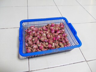 Shallots in a basket. Shallots are a staple in some countries, such as Indonesia, and are in high...