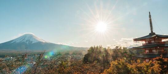 Mount Fuji view at Chureito Pagoda in Autumn season, Mt Fujisan in Arakurayama Sengen Park,...
