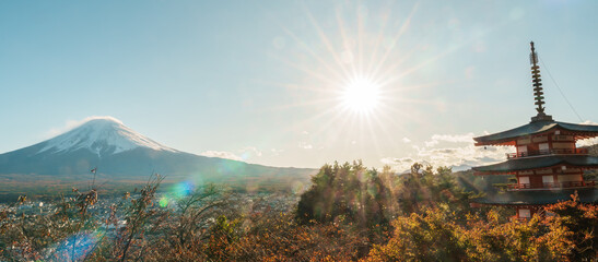 Mount Fuji view at Chureito Pagoda in Autumn season, Mt Fujisan in Arakurayama Sengen Park, Yamanashi, Japan. Landmark for tourists attraction. Japan Travel, Destination, Vacation and Mount Fuji Day