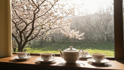 Springtime Serenity: A Delicate Tea Setting Amidst Cherry Blossoms