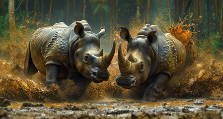 Two adults rhinoceros fighting on the ground with the splashes of muddy field