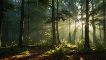 The forest is full of trees and the sun is shining through the leaves. The light creates a peaceful...