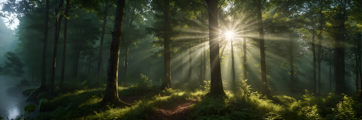 The forest is full of trees and the sun is shining through the leaves. The light creates a peaceful and serene atmosphere