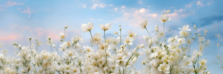 A field of white flowers with a blue sky in the background. The flowers are in full bloom and the sky is clear and bright. for banner design. - Powered by Adobe
