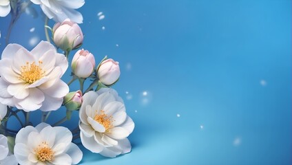 A white flower with a white center is in the foreground of a blue background. for banner design.