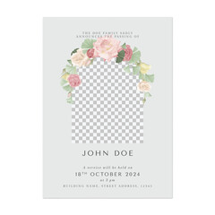 Floral funeral invitation template, minimalist assorted flowers and leaves on light grey background
