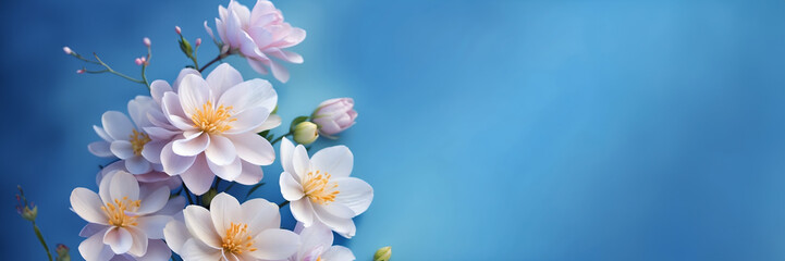 A white flower with a white center is in the foreground of a blue background. for banner design. - Powered by Adobe