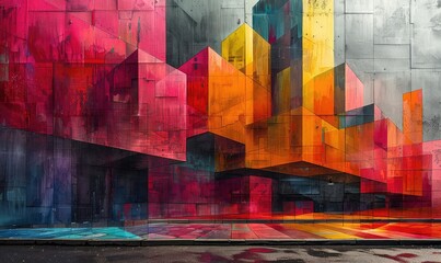 Create a colorful geometric mural on a concrete wall, featuring bright blues, greens, and yellows. The mural should be inspired by the Memphis Milano design movement.