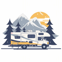Illustration of an RV on a roadtrip, against the background of a mountain landscape in winter