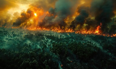 Fototapeta premium A wildfire burns through a forest, destroying everything in its path