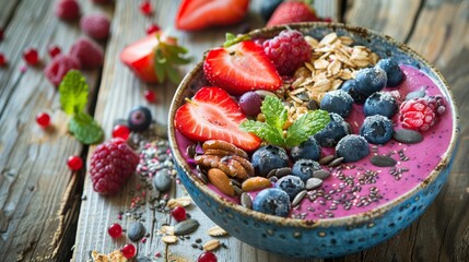 A close-up of a nutritious smoothie bowl topped with fresh berries, nuts, and seeds, arranged artfully on a wooden table, colorful and appetizing