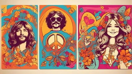 Series of psychedelic art posters featuring 70s style portraits decorated with floral elements