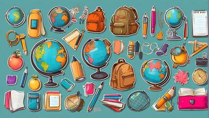 Colorful illustration depicting a diverse collection of educational supplies and tools, suitable for a study-themed composition