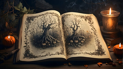 An autumn-themed illustration with a book radiating magical trees and pumpkins, surrounded by a candlelit ambiance