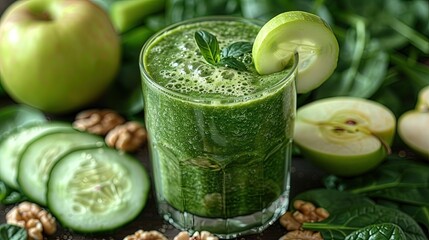 A refreshing smoothie of spinach, apples, cucumbers and walnuts against a clean white background. Generative AI