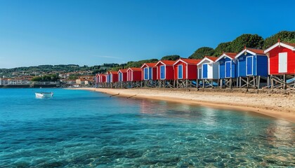 Obraz premium A Splash of Color: Vibrant Red Beach Hut Enlivens Serene Saint Jean de Luz