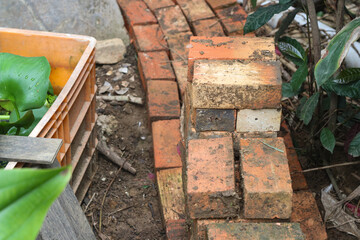 Batu bata or red brick, main component to build a house or building. Selective focus.