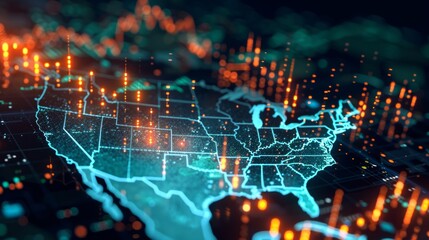 Obraz premium A digital visualization of a global data network featuring financial charts and graphs with a glowing world map, signifying the interconnected nature of global economics and data flow. Business.