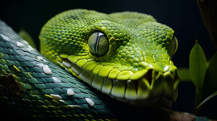 Fototapeta premium Venomous Green snake. Exotic reptile viper
