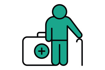 health icon. elderly using walking stick with health box. icon related to elderly. flat line icon style. old age element illustration