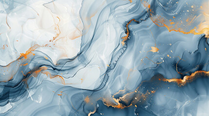 This abstract background features a mesmerizing fluid art design resembling marble texture. Dominated by shades of blue and gray, with delicate gold accents swirling throughout, the composition exudes