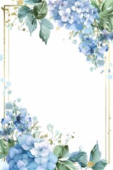Blue hydrangea border with golden accents on a blank canvas