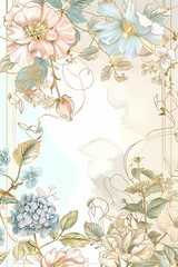 Delicate botanical art with pastel blooms and golden accents