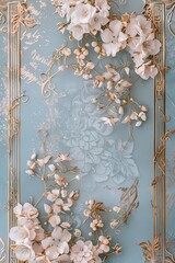 Elegant floral artwork with golden accents on blue background